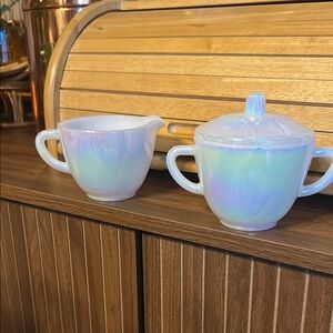 Vintage Federal Glass Iridescent Moonglow Moon Glow Cream and Sugar Set with lid